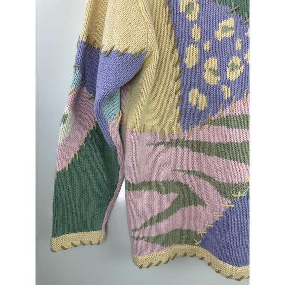 Storybook Knits Patchwork Spring Themed Cardigan Sweater Ramie Cotton Size Large - Picture 10 of 16